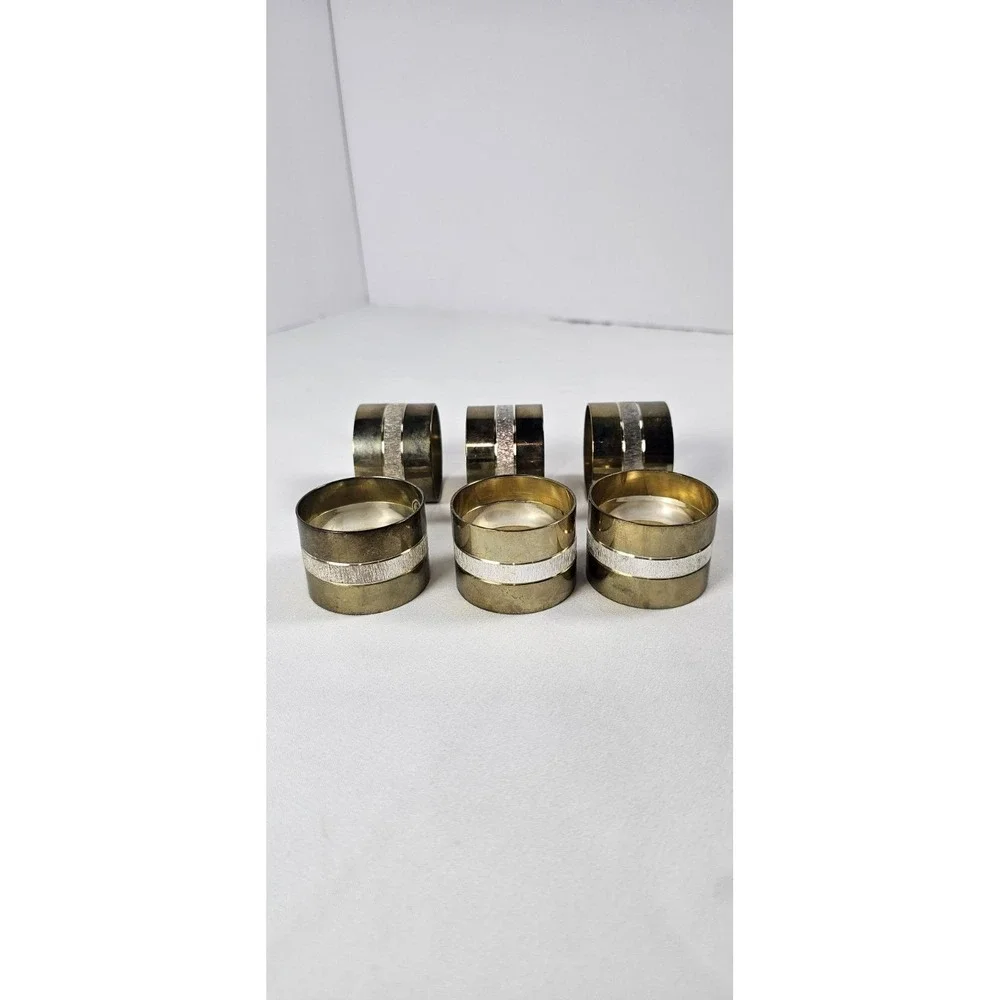 Two Tone Silver & Gold Metal Round Napkin Rings Set‎ 6 MCM Vintage 1 1/2